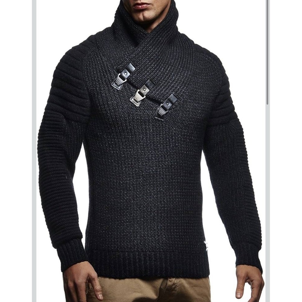 NWT Leif Nelson Black Shawl Collar Knit Sweater Mens Size M‎ Buckle Detail